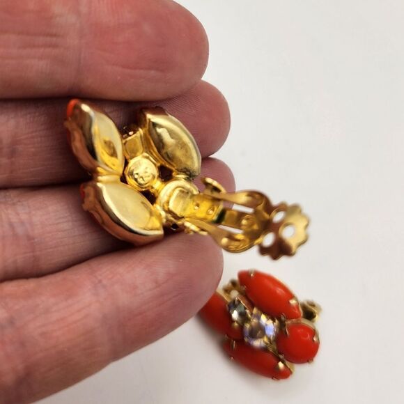 Flower Orange Matching Rhinestone And Bead Vintage Gold Brooch Pin Clip Earrings - Picture 5 of 8